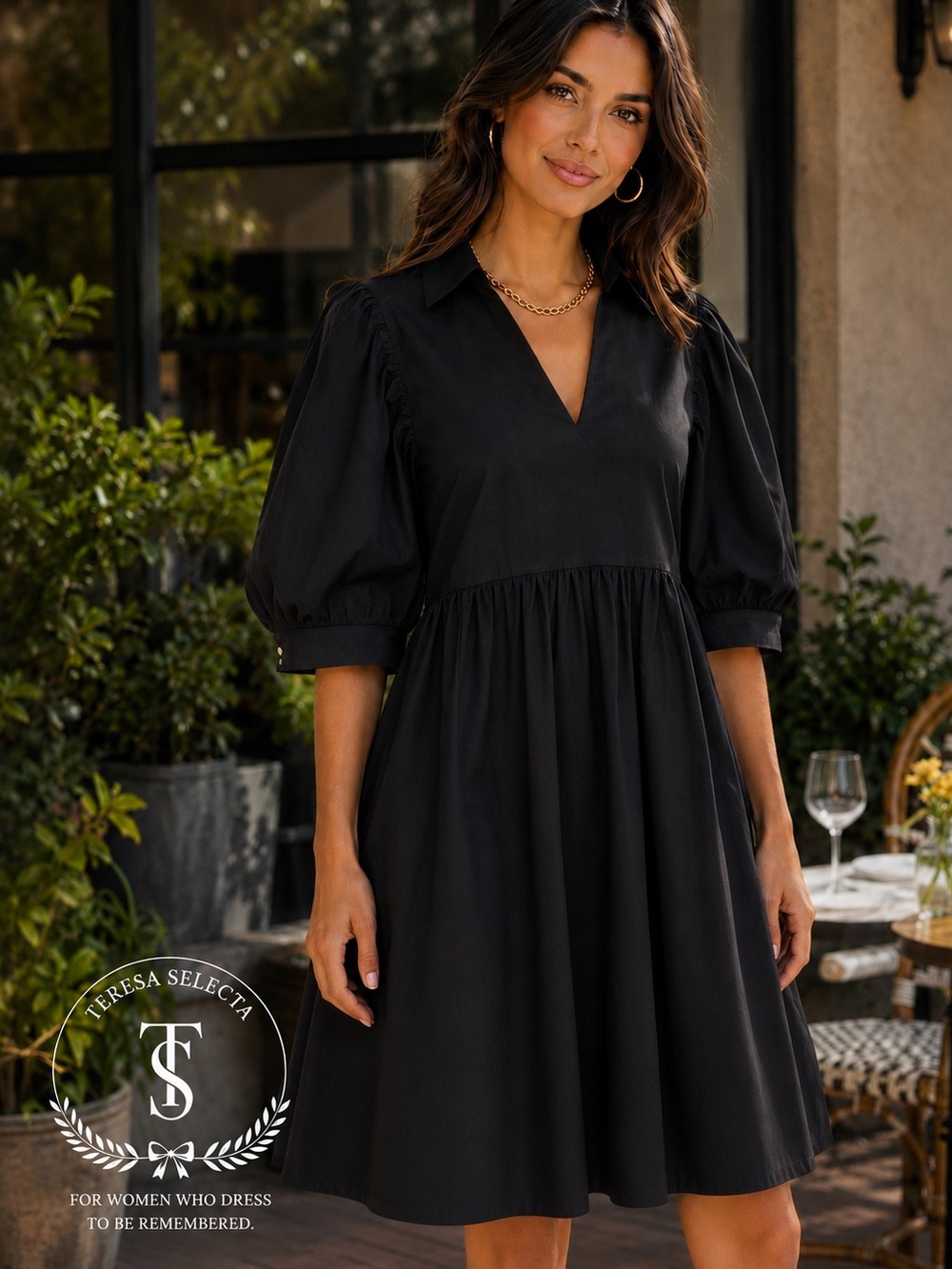 Entro Black Puff Sleeve V-Neck Babydoll Mini Dress Size Large